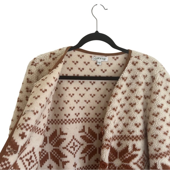 Orvis Beige Tan Fair Isle Collarless Fleece Jacket Large - Picture 7 of 12